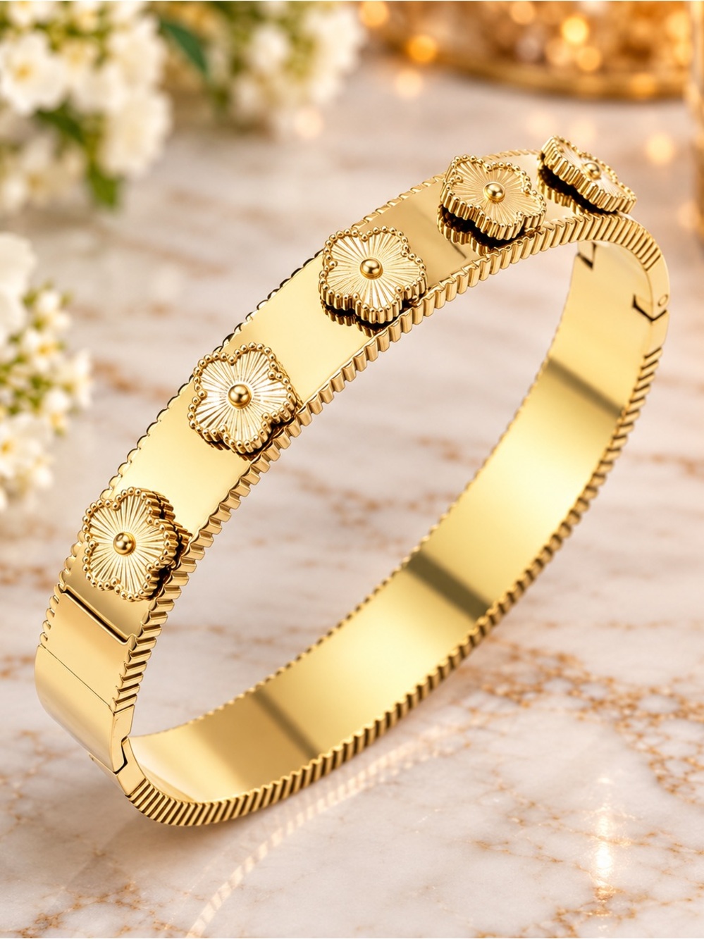 Gold Flower Accent Bangle Bracelet - Women Jewelry